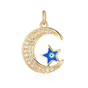 Detailed close-up of a crescent moon and evil eye star pendant with blue enamel and zircon