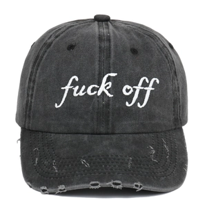 Vintage distressed charcoal baseball cap with Fuck Off embroidery and torn edges