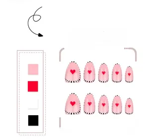 Gros plan sur des faux ongles amande avec base rose, cœurs rouges et bordures à pois