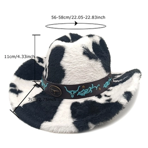 Chapeau de cowboy en peluche avec motif vache et ruban brodé indiquant les dimensions