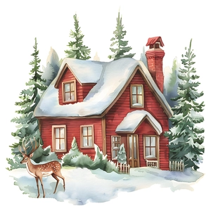 Sticker mural détaillé d'un chalet de Noël rouge, d'un cerf et de sapins enneigés à l'aquarelle