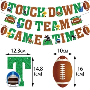 Football party banner decorations with glitter paper pennants and specific size measurements