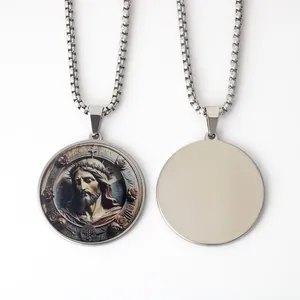 Religious stainless steel round pendant necklace with Jesus relief portrait and silver chain