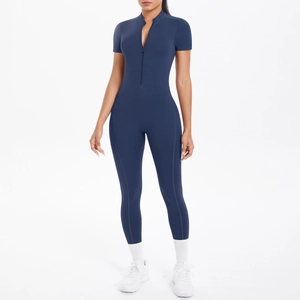 Short sleeve navy blue sports bodysuit with zipper and padding for yoga fitness and workout