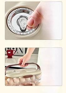 Close-up of double-layer egg storage box with freshness dial and portable handle