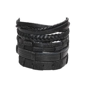 5-piece set of vintage men's handmade braided leather bracelets with adjustable wax ropes