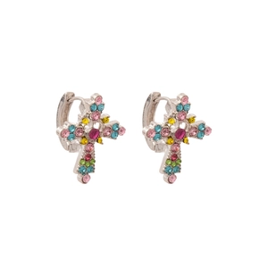 Silver cross hoop earrings with colorful rhinestones in pink, blue, yellow, and green