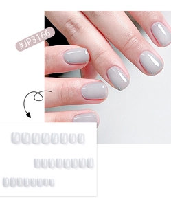 Detail view of 24pcs glossy gray-purple and white short square press-on nails set