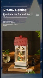 Macro view of Christmas house lantern with glowing warm LED lights and falling snow