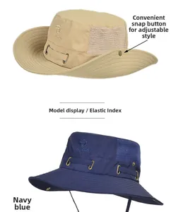 Details von Mesh-Belüftung und Druckknöpfen an khakifarbenen und blauen Sonnenhüten
