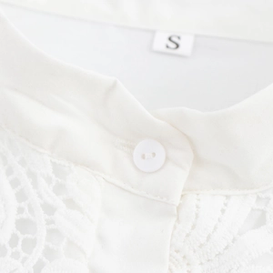 Women's romantic white lace splicing shirt featuring a delicate stand collar and button detail