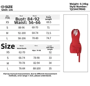 Detailed size guide for backless bodysuit and skirt set including XS to L measurements
