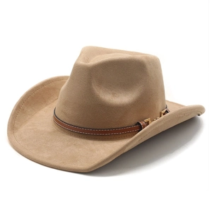 Detail of khaki western cowboy hat showing faux suede texture and leather belt buckle
