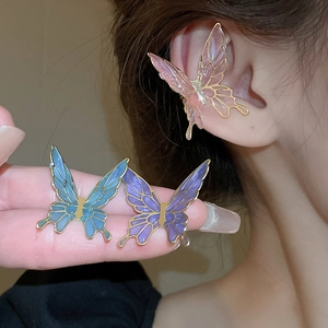 Retro butterfly clip earrings in pink, blue, and purple resin for women without piercings