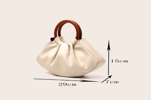 Detailed size specifications for beige ruched cloud handbag with round wood handle