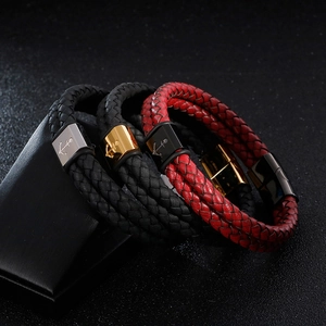 Braided leather anchor bracelets with stainless steel clasps in black and red colors