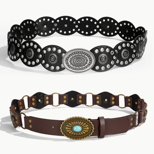 Cintura Vita Vintage Bohémien Donna Pelle PU Larga Rivetti Traforati Stile Cowboy Western Fibbia Lega
