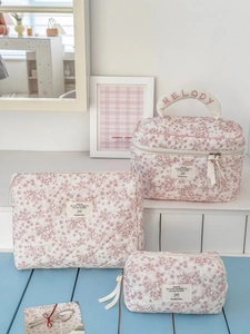 Trousse À Maquillage Fleurie De Pivoine Velours Côtelé Matelassé Pochette De Toilette Voyage Rangement Cosmétique Organisateur