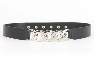 Detail of black leather belt with silver metal chain buckle and snap button closure