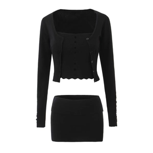 Conjunto de punto negro de 3 piezas para mujer con cárdigan, top corto y minifalda