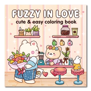Libro para colorear Fuzzy in Love con osos kawaii en una escena de café romántico