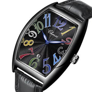 Orologio al quarzo uomo a forma tonneau con cinturino in pelle e quadrante colorato