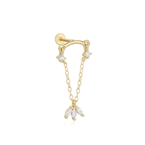 Close-up of gold chain tassel earring in S925 sterling silver with marquise zircon
