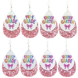 Teardrop Earrings Double Layer PU Leather Pink Glitter Back To School Grade Level Print Fashion For Women Teacher