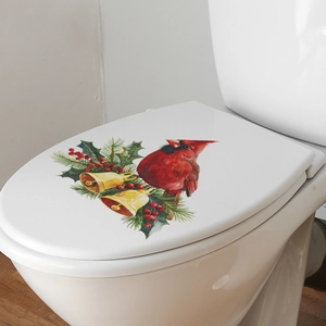 Christmas Toilet Sticker Removable PVC Cardinal Bird Golden Bells Bathroom Decor Watercolor Festive Decal Wall Art