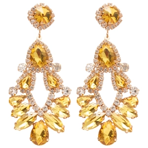 Sparkling champagne yellow crystal teardrop tassel earrings with silver needle posts