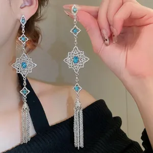 Long Tassel Drop Earrings Blue Stone Rhinestone Hollow Rhombus With 925 Sterling Silver Earring Post Luxury Retro Jewelry