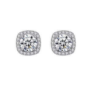 925 sterling silver square halo stud earrings with round brilliant cut moissanite stones
