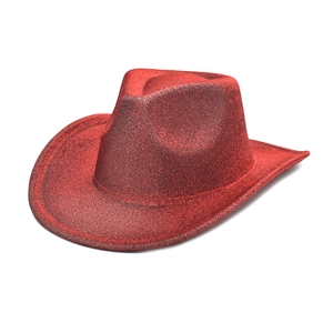 Close-up of red western cowboy hat with sparkling glitter finish for party costumes