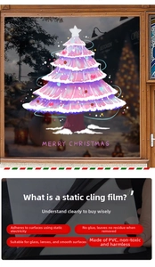 Detailed view of pink Christmas tree PVC window static sticker with no residue