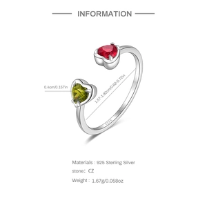 Macro detail of S925 sterling silver ring showing dual heart gems and size specifications