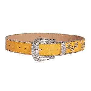 Yellow punk rhinestone belt with crocodile pattern and studded metallic buckle details