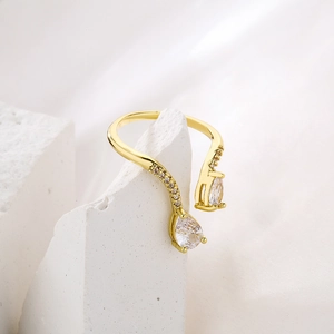 18K gold plated irregular geometric open ring with twin pear-shaped zircon stones