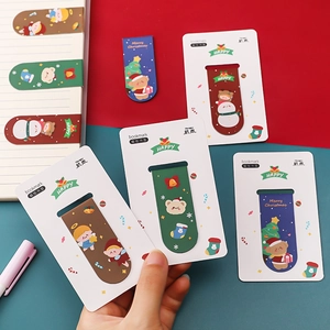 Cute Christmas magnetic bookmarks featuring snowman and deer patterns on colorful backdrops