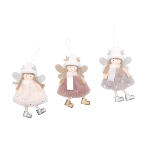 Three plush Christmas angel ornaments with wings in cream, purple, and grey colors