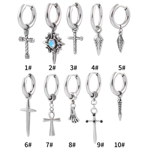 Stainless Steel Cross Sword Dangle Hoop Earrings For Men Women Punk Hip Hop Gothic Vintage Body Piercing Ear Jewelry Accessory