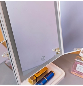 Three-fold LED makeup mirror with base tray and touch sensor switch for table use