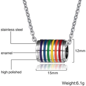 Detailed view of rainbow enamel cylinder pendant with stainless steel size specs