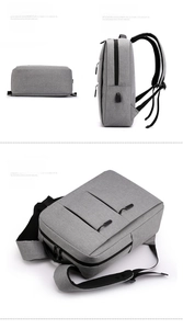 Detail view of grey business laptop backpack showing bottom, side profile, and USB port