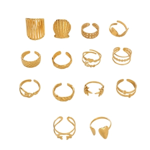 14-piece vintage gold-plated rings set with shell heart and leaf patterns on white background