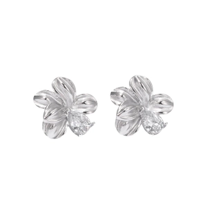 Polished silver flower stud earrings in titanium steel with pear-cut zircon crystals