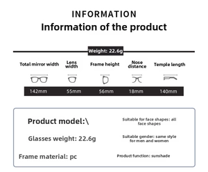 Detailed size chart for jelly sunglasses showing dimensions and PC frame specifications
