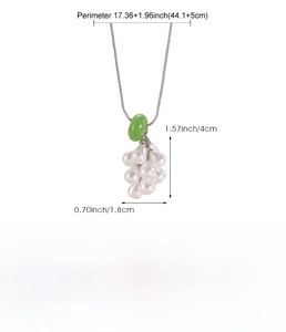 Detailed measurement view of copper grape pendant necklace with pearls and green beads