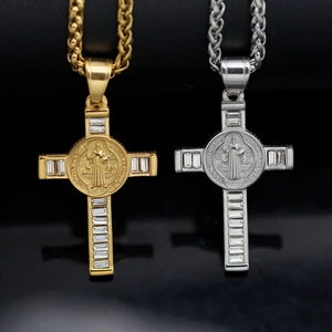 Stainless steel cross necklace with cubic zirconia and Saint Benedict medal pendant