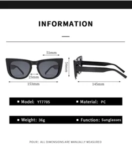 Detailed size chart for oversized cat-eye sunglasses showing 153mm frame width and PC lens