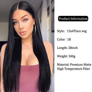 Long straight 28 inch 13x4 T-part lace front wig in natural black high temperature silk